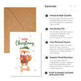 Christmas card with fox illustration and brown envelope, featuring card info text.